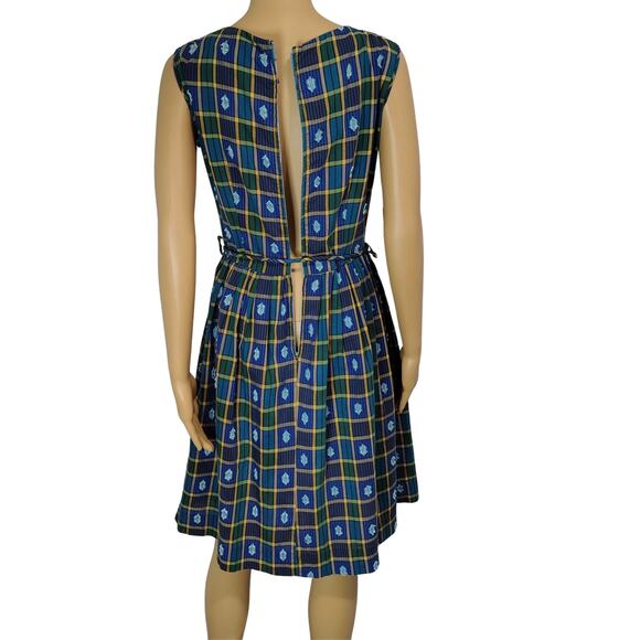 Belted Blue Green Plaid Vintage Hand Made Pleated Ribbon Tie Midi Dress Size S - Picture 8 of 8
